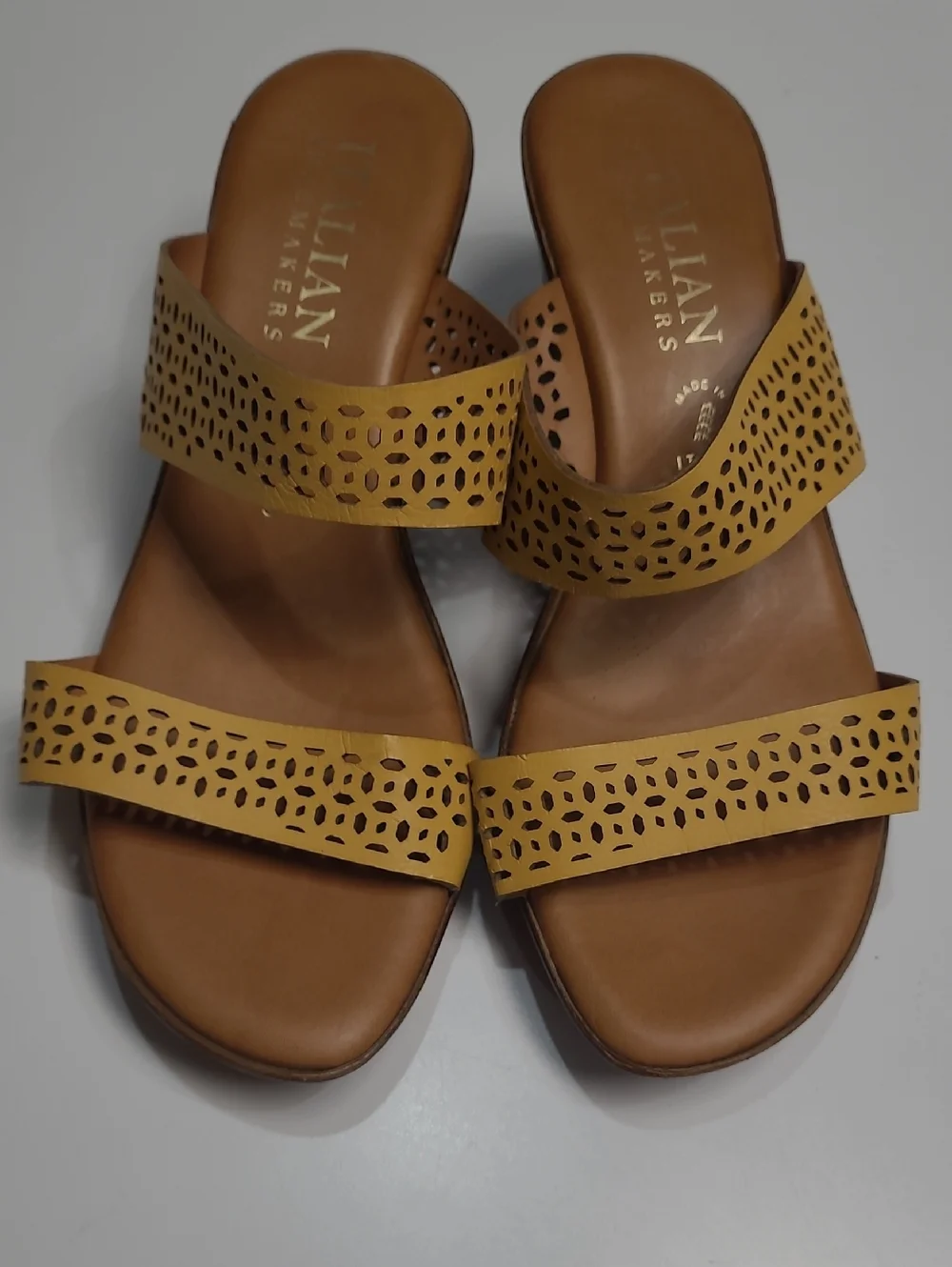 Italian Shoemaker Mustard Yellow Laser-Cut Perforated Slide Sandals - Size 9
